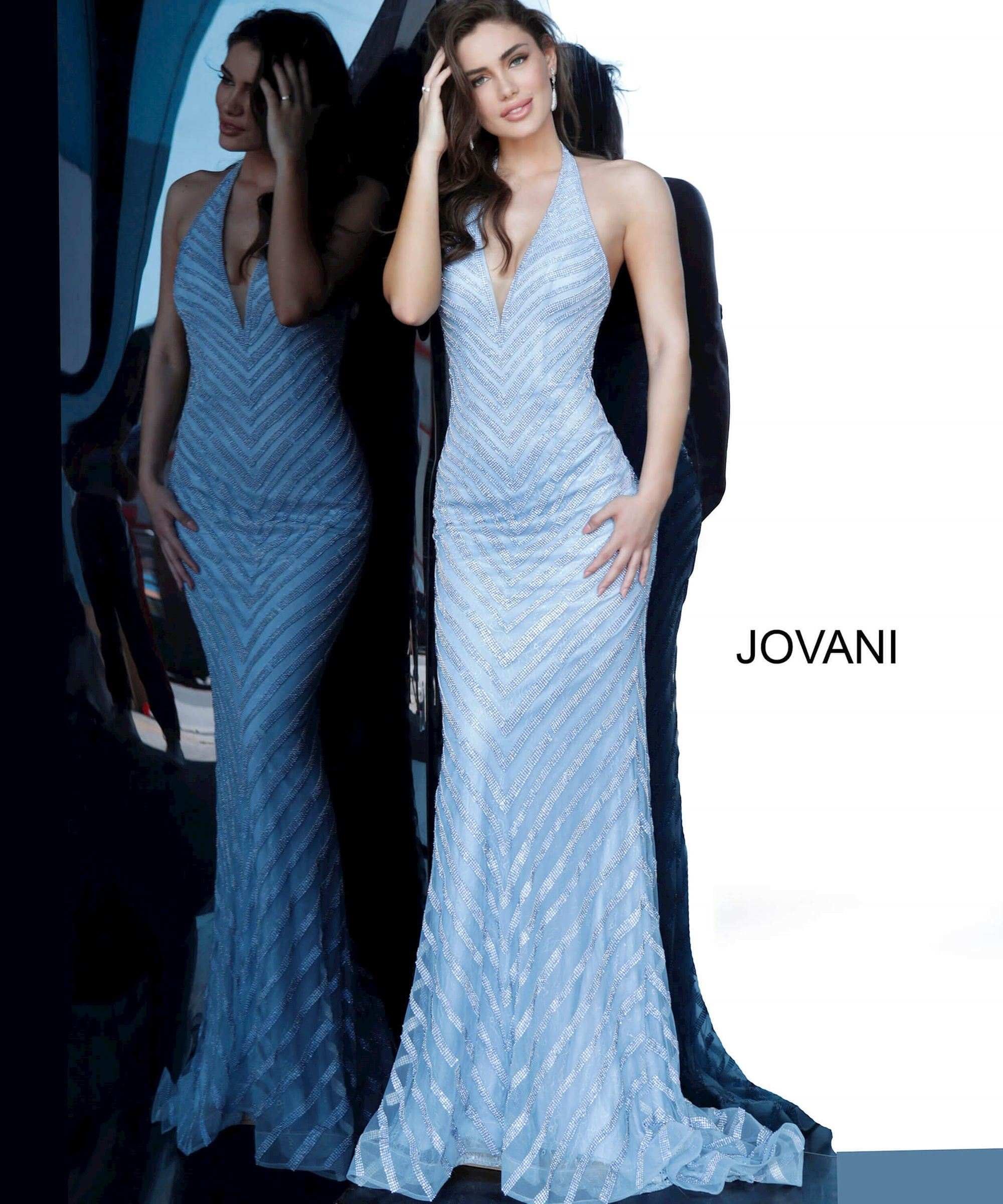 model wearing a blue Jovani gown